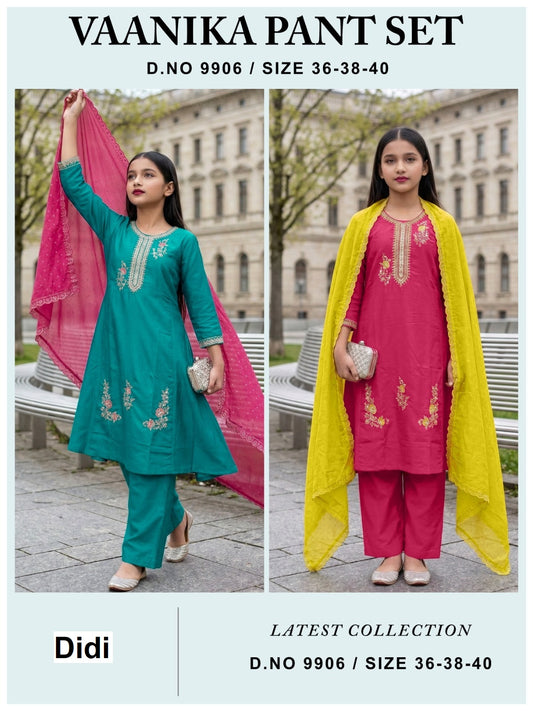 Vaanika Dn 9906 Didi Vichitra Silk Girls Readymade Pant Suits Exporter