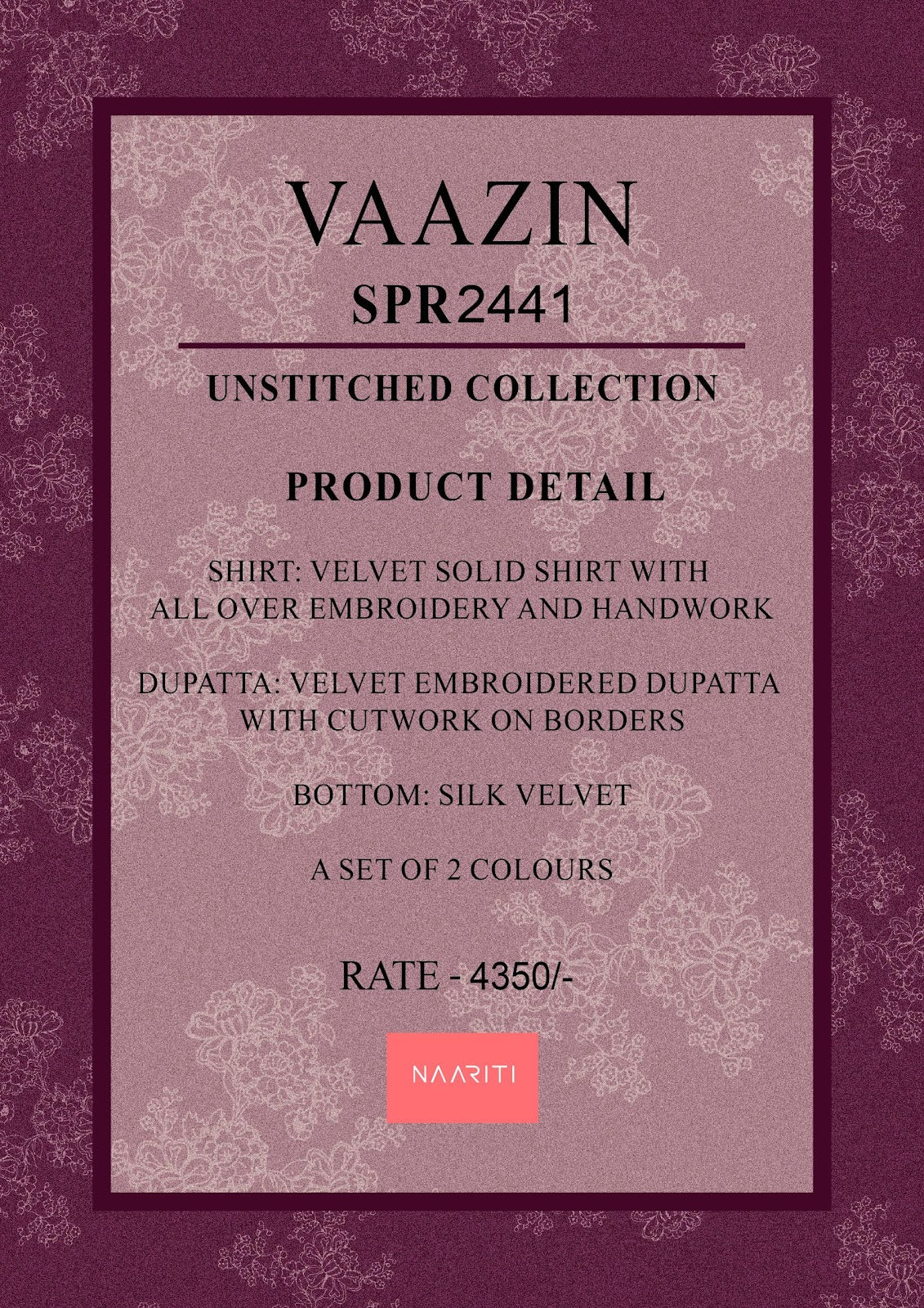 Vaazin Naariti Velvet Suits Wholesale Rate
