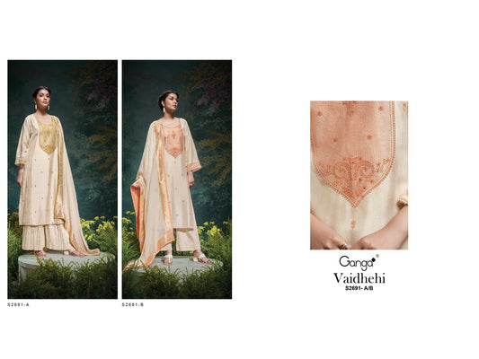 Vaidehi 2691 Ganga Russian Silk Plazzo Style Suits Exporter Gujarat