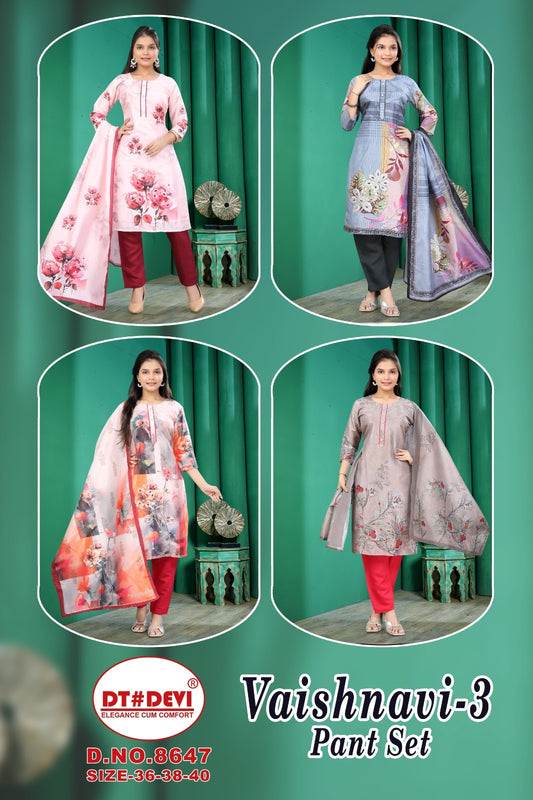 Vaishnavi Vol 3 8647 Dt Devi Readymade Pant Style Suits Wholesaler Ahmedabad