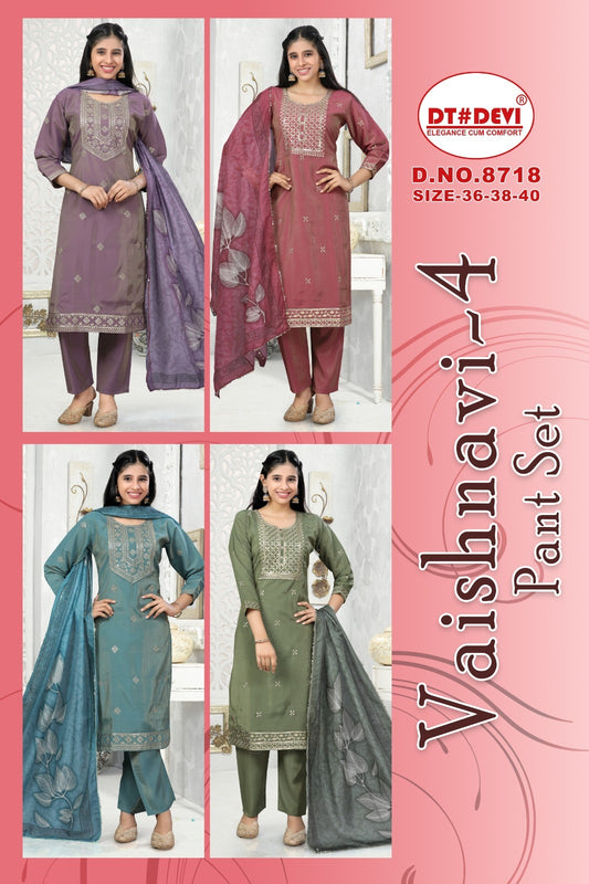 Vaishnavi Vol 4 8718 Dt Devi Simmer Readymade Pant Style Suits Exporter Ahmedabad