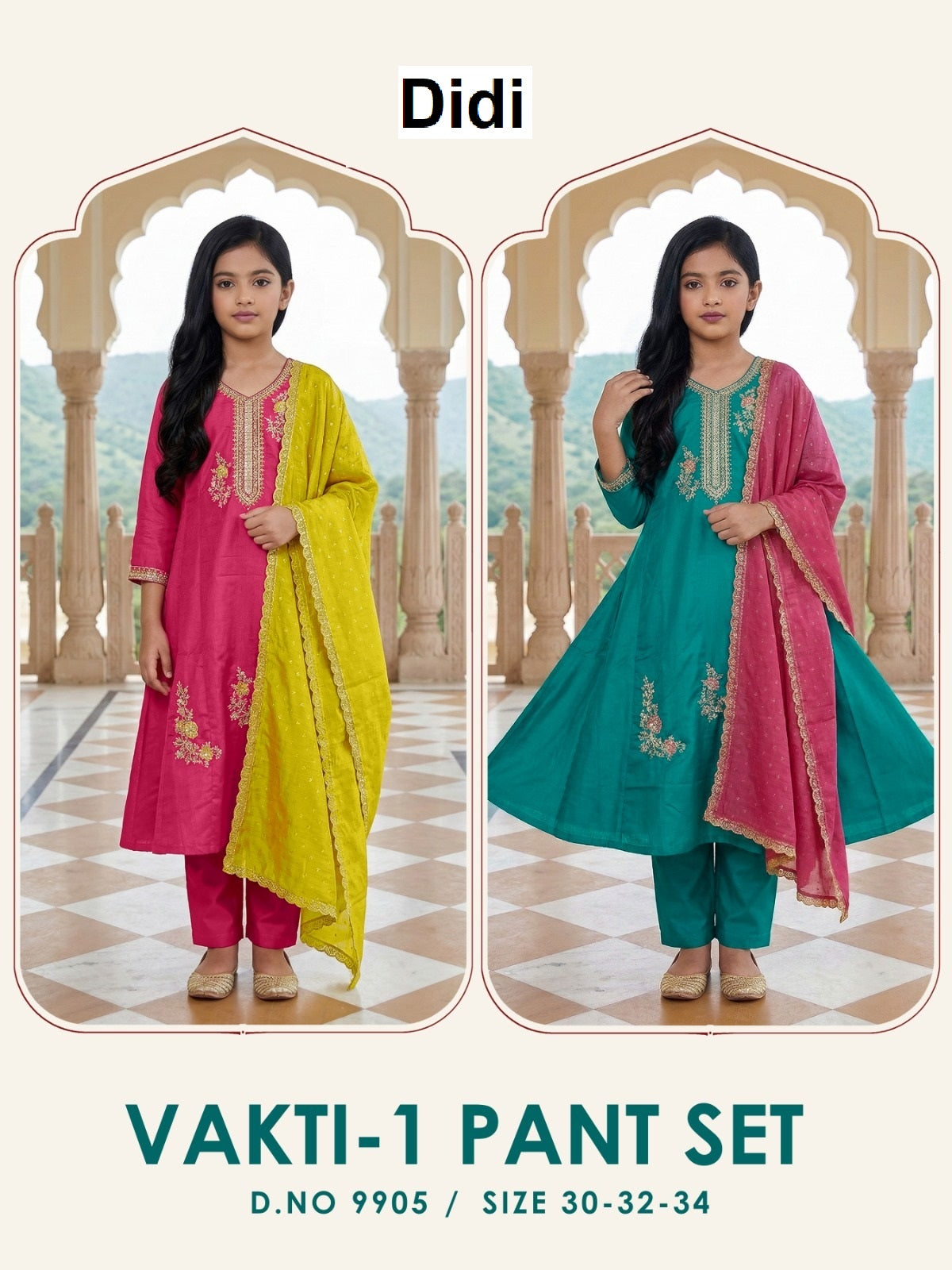 Vakti 1 Dn 9905 Didi Vichitra Silk Girls Readymade Pant Suits Wholesale Rate