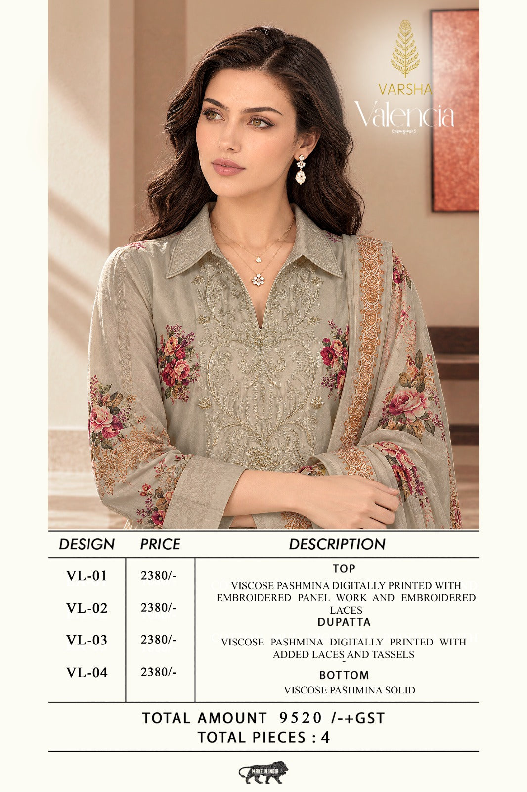 Valencia Varshaa Viscose Pashmina Suits Supplier Gujarat
