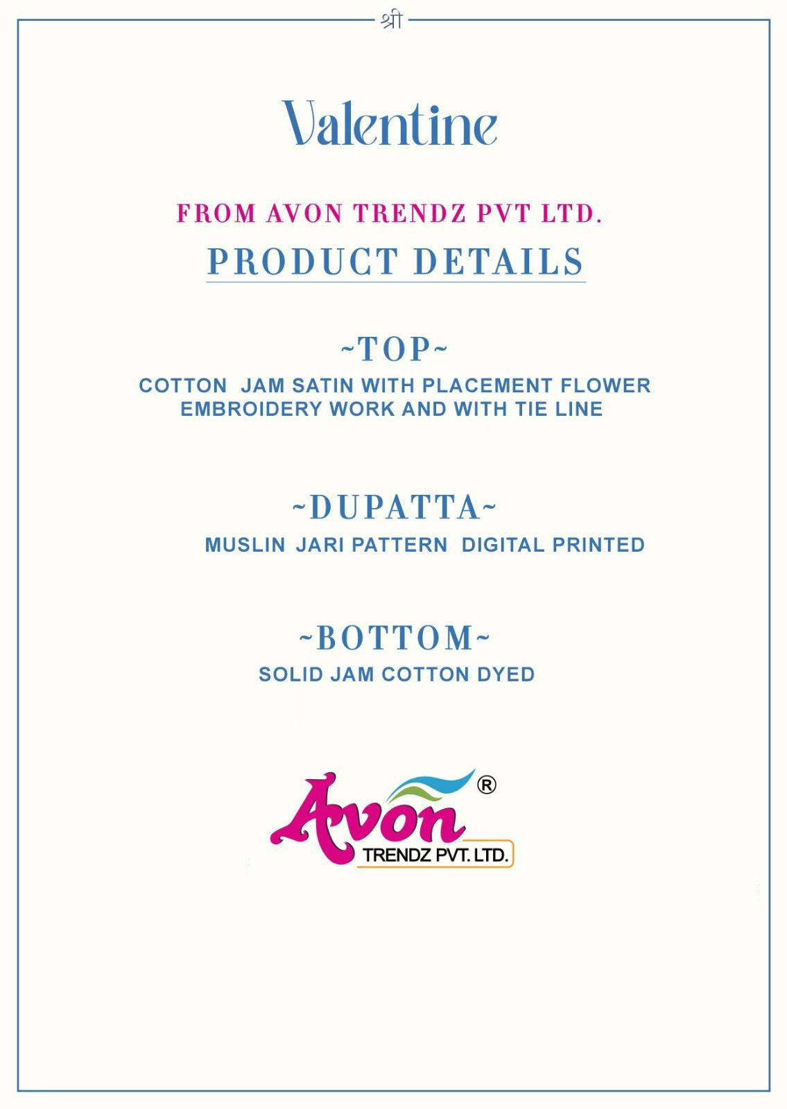 Valentine Avon Trendz Cotton Satin Pant Style Suits Wholesale Price