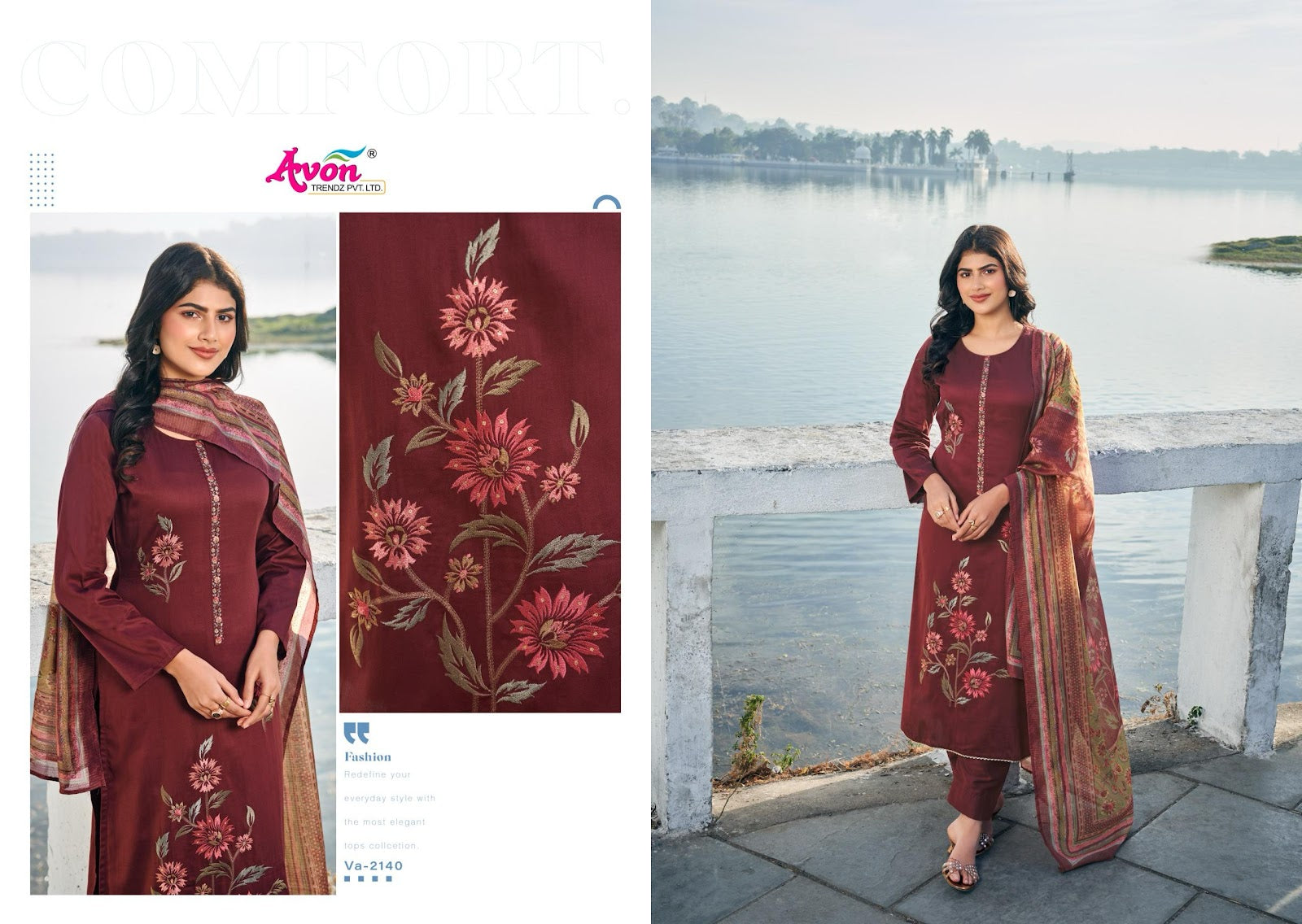 Valentine Avon Trendz Cotton Satin Pant Style Suits Wholesale Price