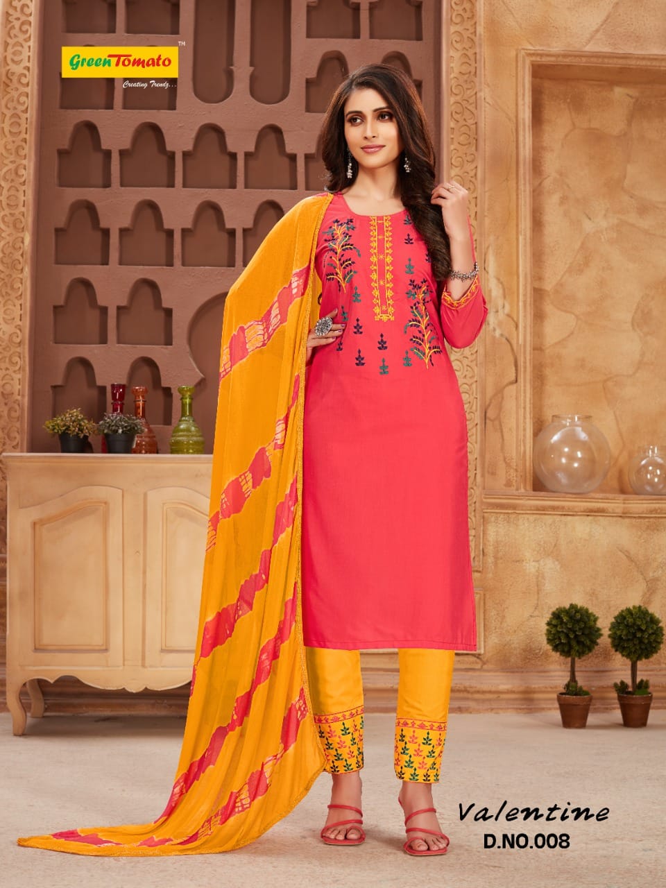 Valentine Green Tomato Cotton Readymade Pant Style Suits Wholesaler Gujarat