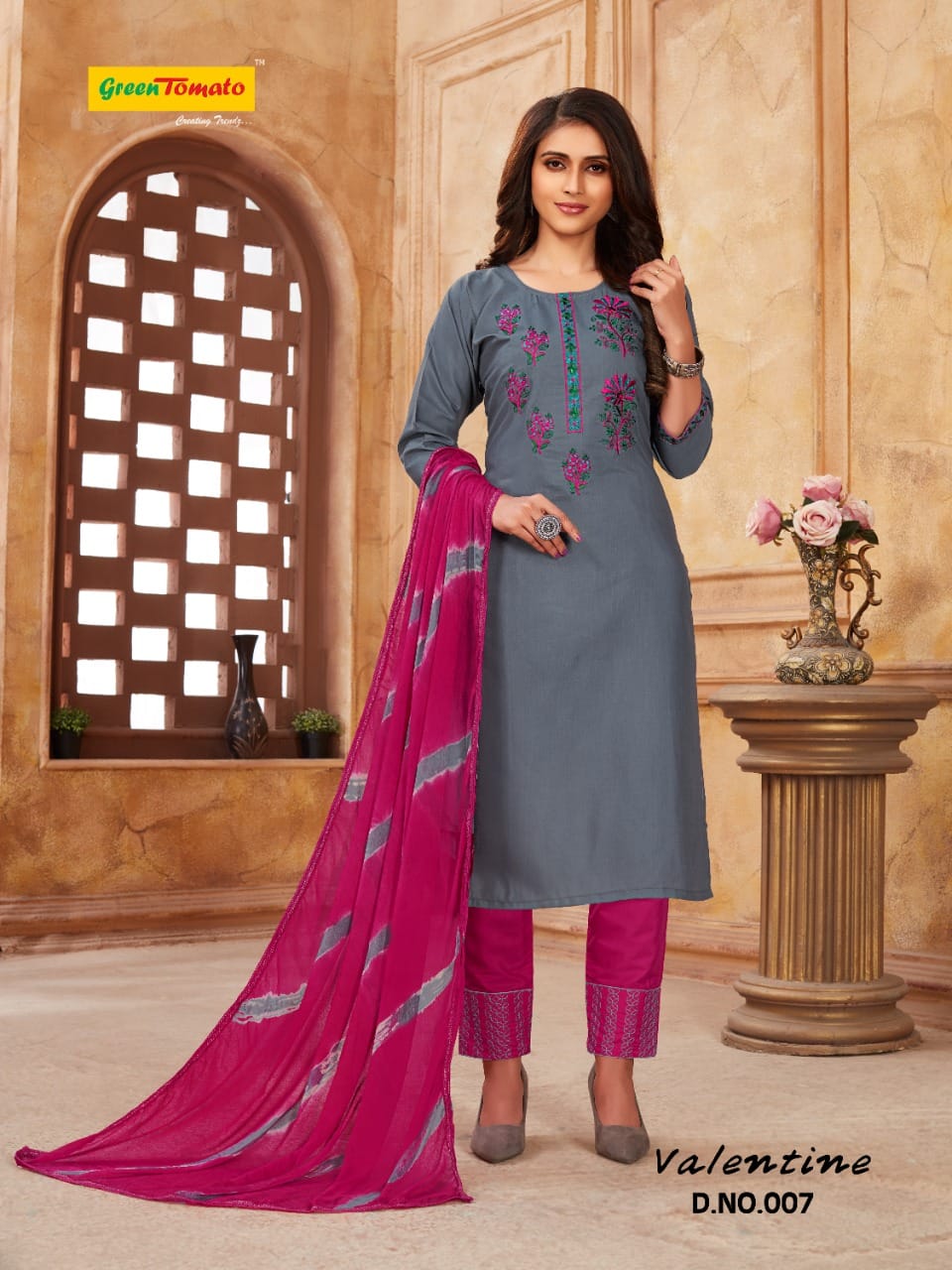 Valentine Green Tomato Cotton Readymade Pant Style Suits Wholesaler Gujarat