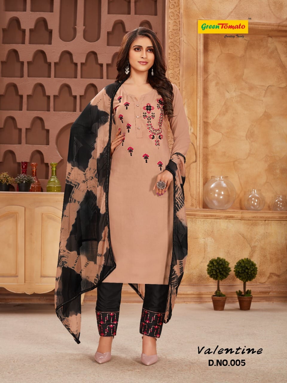 Valentine Green Tomato Cotton Readymade Pant Style Suits Wholesaler Gujarat