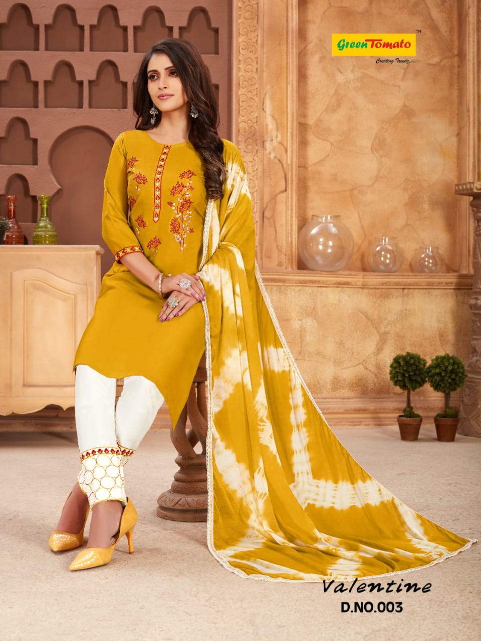 Valentine Green Tomato Cotton Readymade Pant Style Suits Wholesaler Gujarat