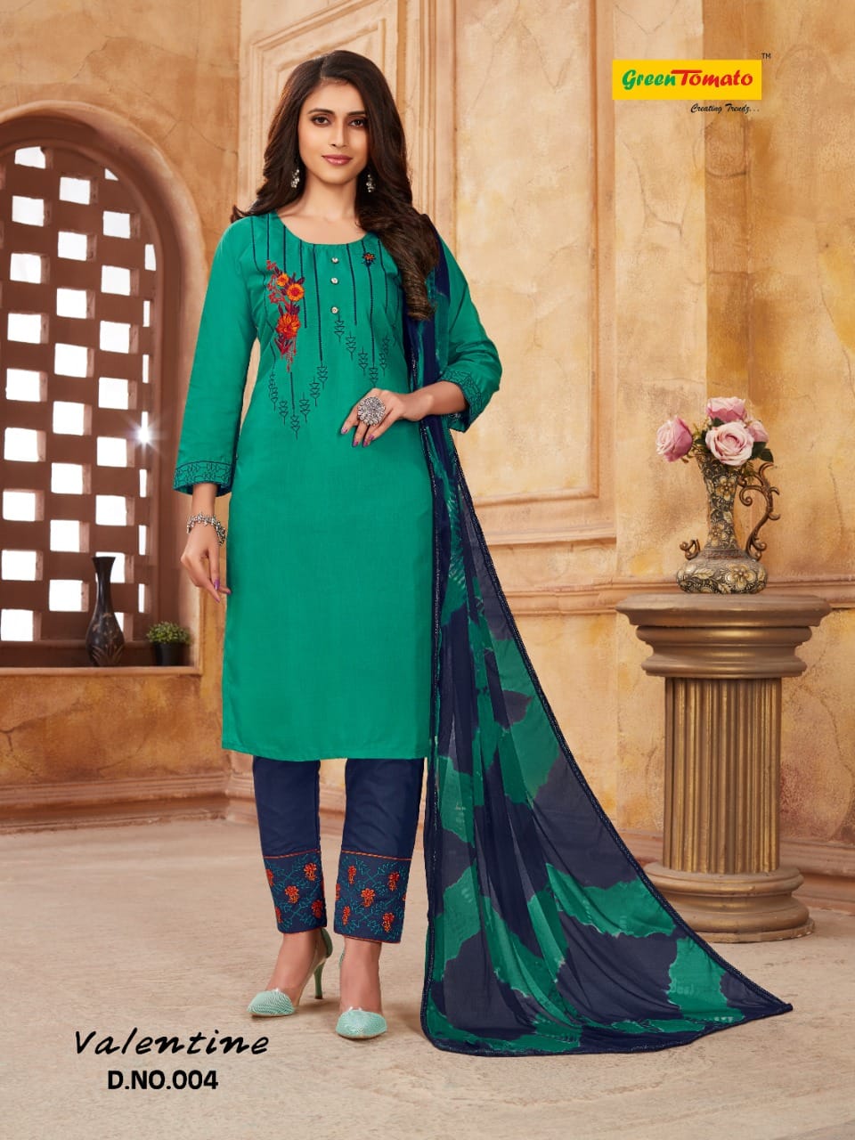 Valentine Green Tomato Cotton Readymade Pant Style Suits Wholesaler Gujarat