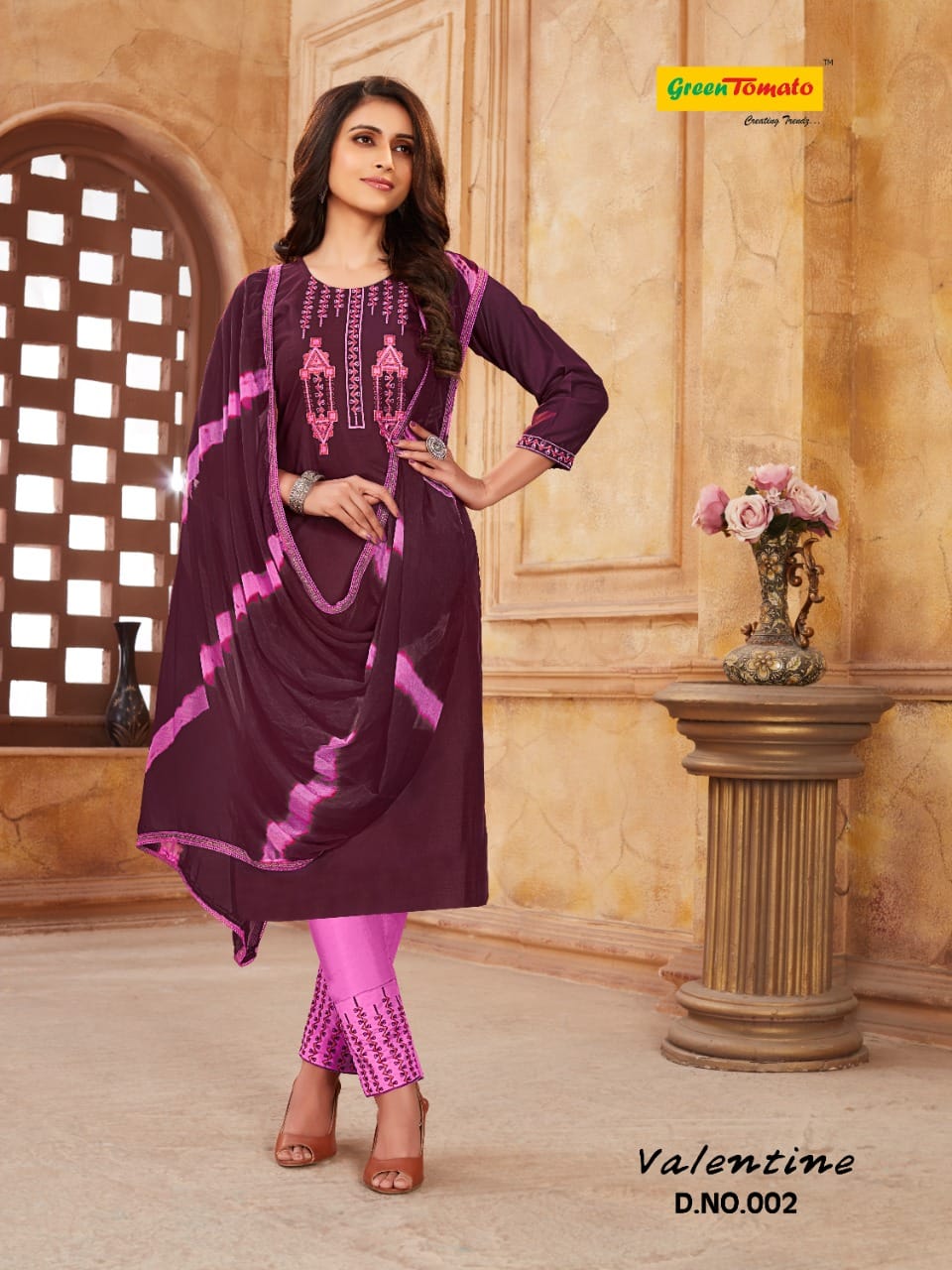 Valentine Green Tomato Cotton Readymade Pant Style Suits Wholesaler Gujarat