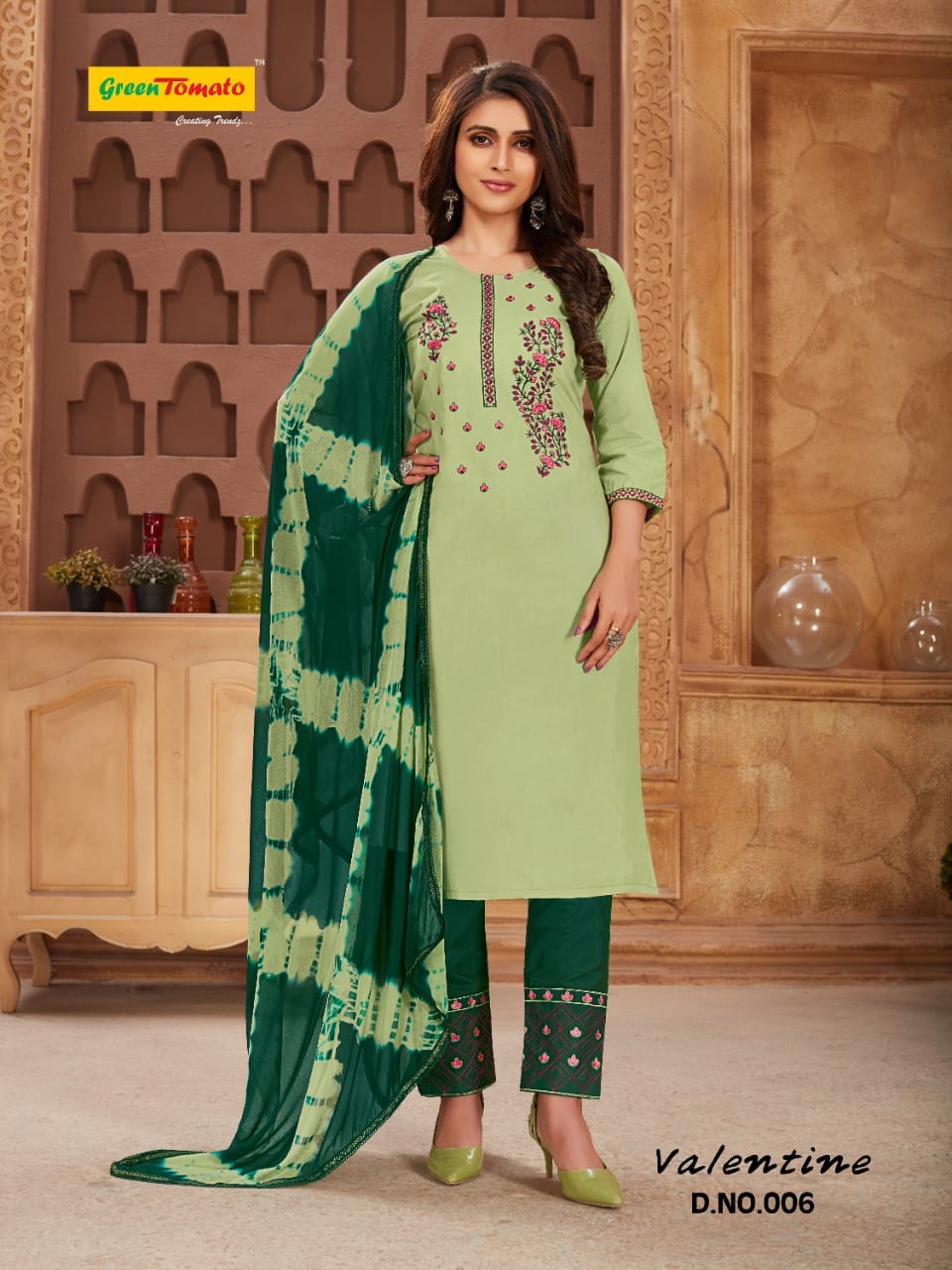 Valentine Green Tomato Cotton Readymade Pant Style Suits Wholesaler Gujarat