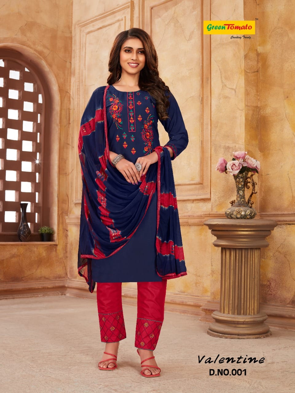 Valentine Green Tomato Cotton Readymade Pant Style Suits Wholesaler Gujarat