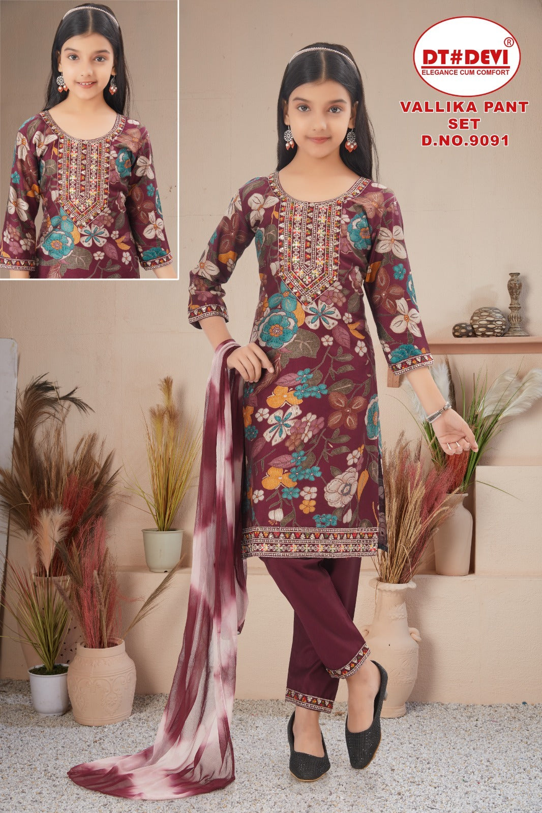 Vallika Dn 9091 Dt Devi Vetican Girls Readymade Pant Suits Wholesaler