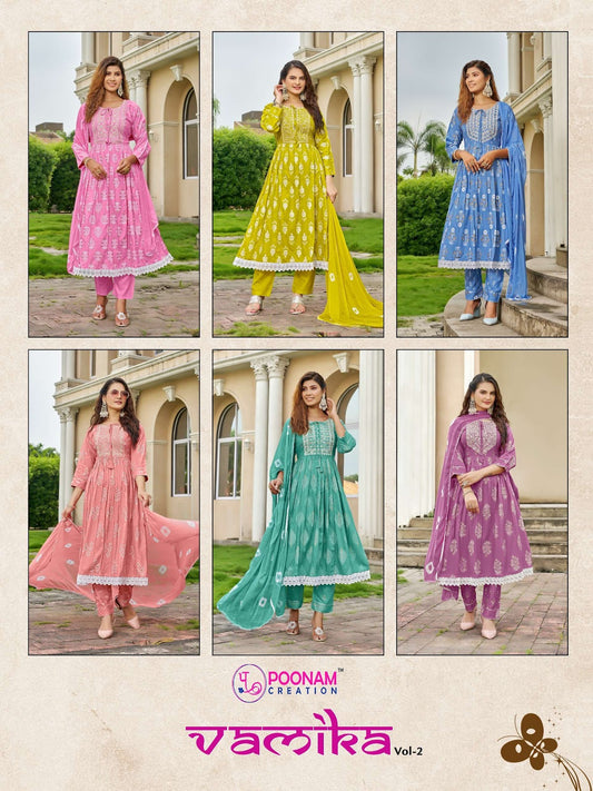 Vamika Vol 2 Poonam Creation Heavy Rayon Readymade Pant Style Suits Exporter Gujarat