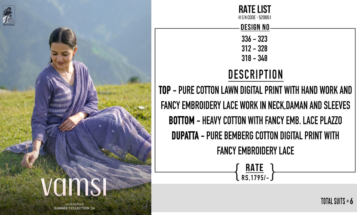 Vamsi Sahiba Cotton Lawn Pant Style Suits Manufacturer Gujarat