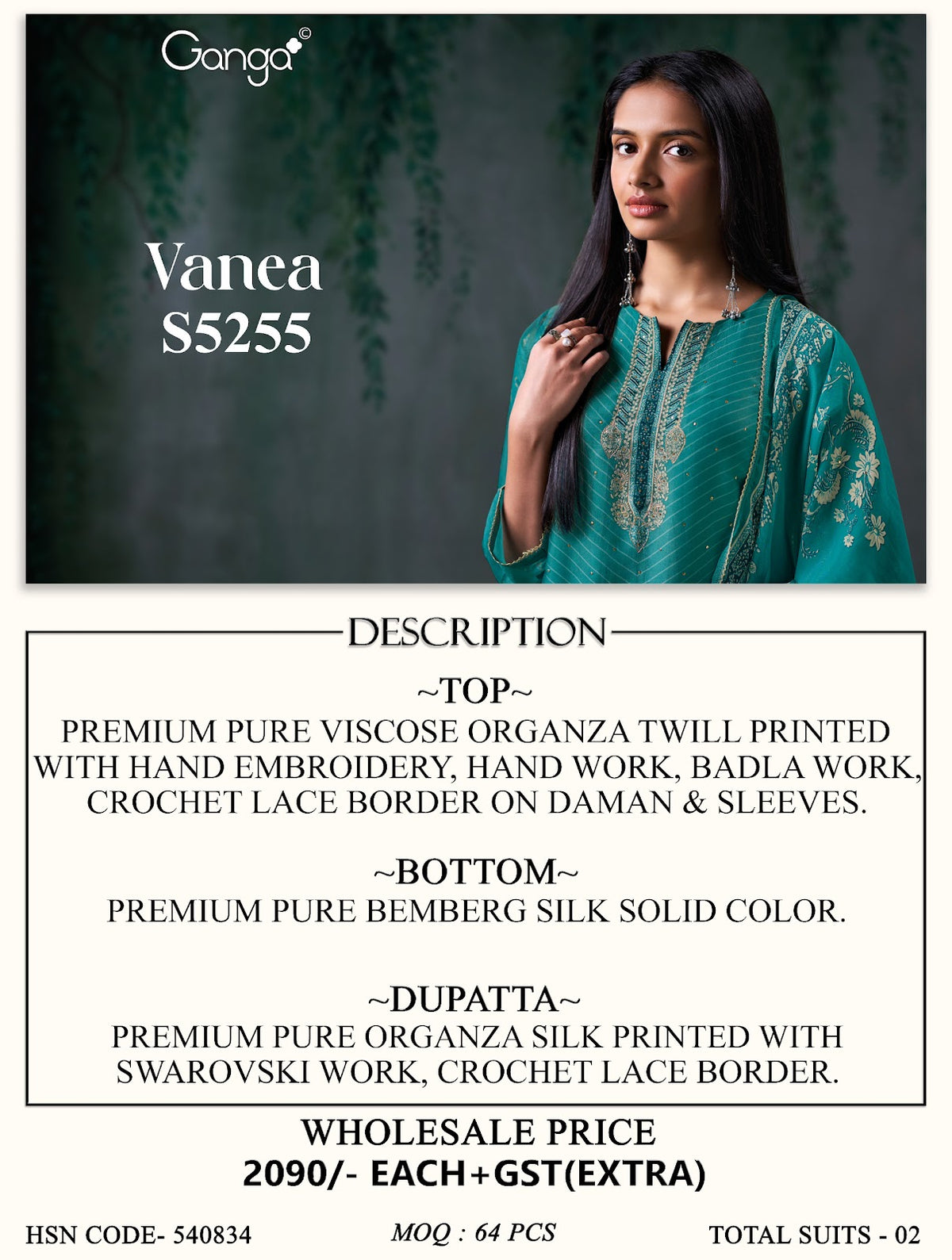 Vanea S5255 Ganga Viscose Organza Plazzo Style Suits Wholesaler