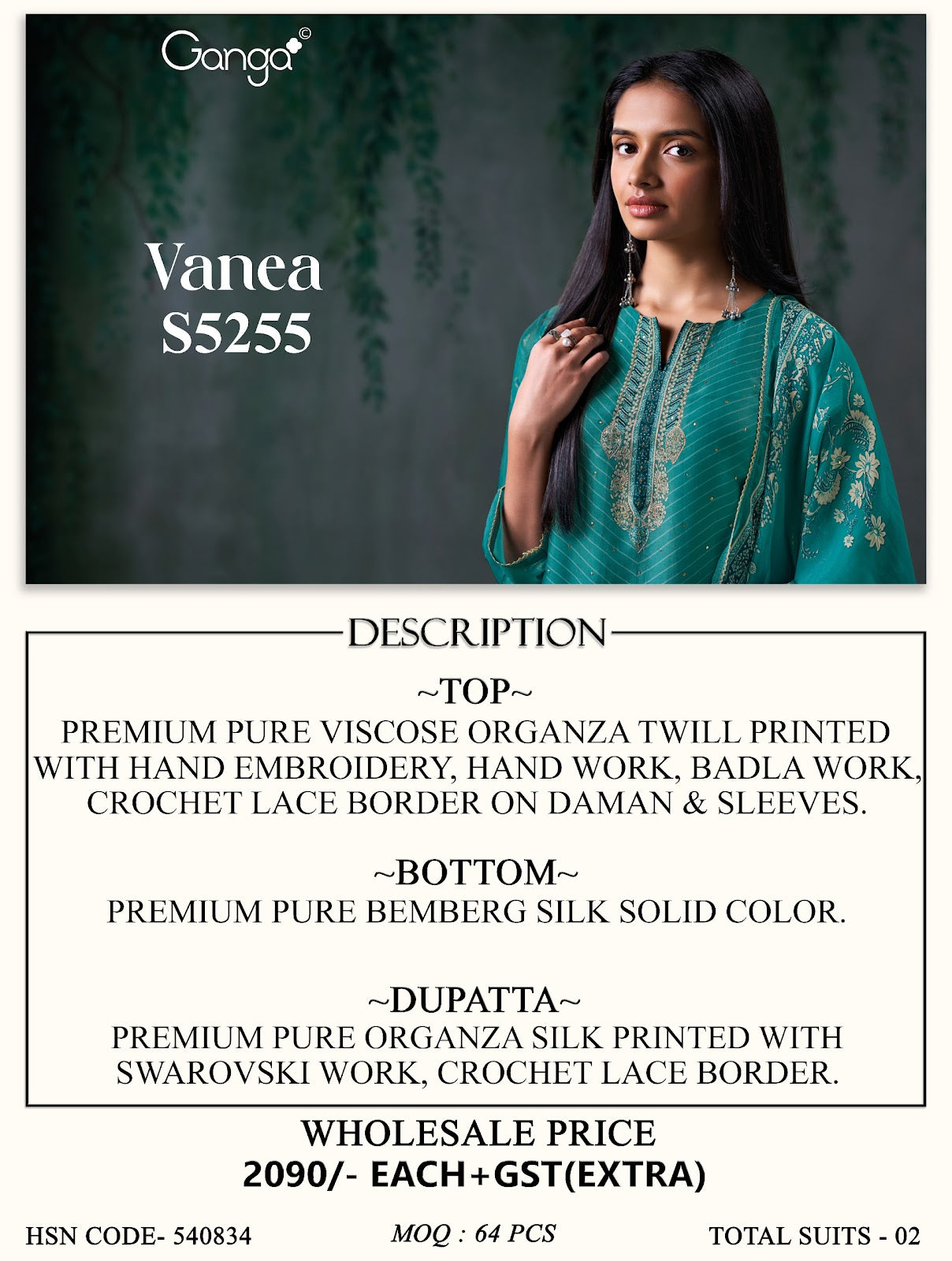 Vanea S5255 Ganga Viscose Organza Plazzo Style Suits Wholesaler