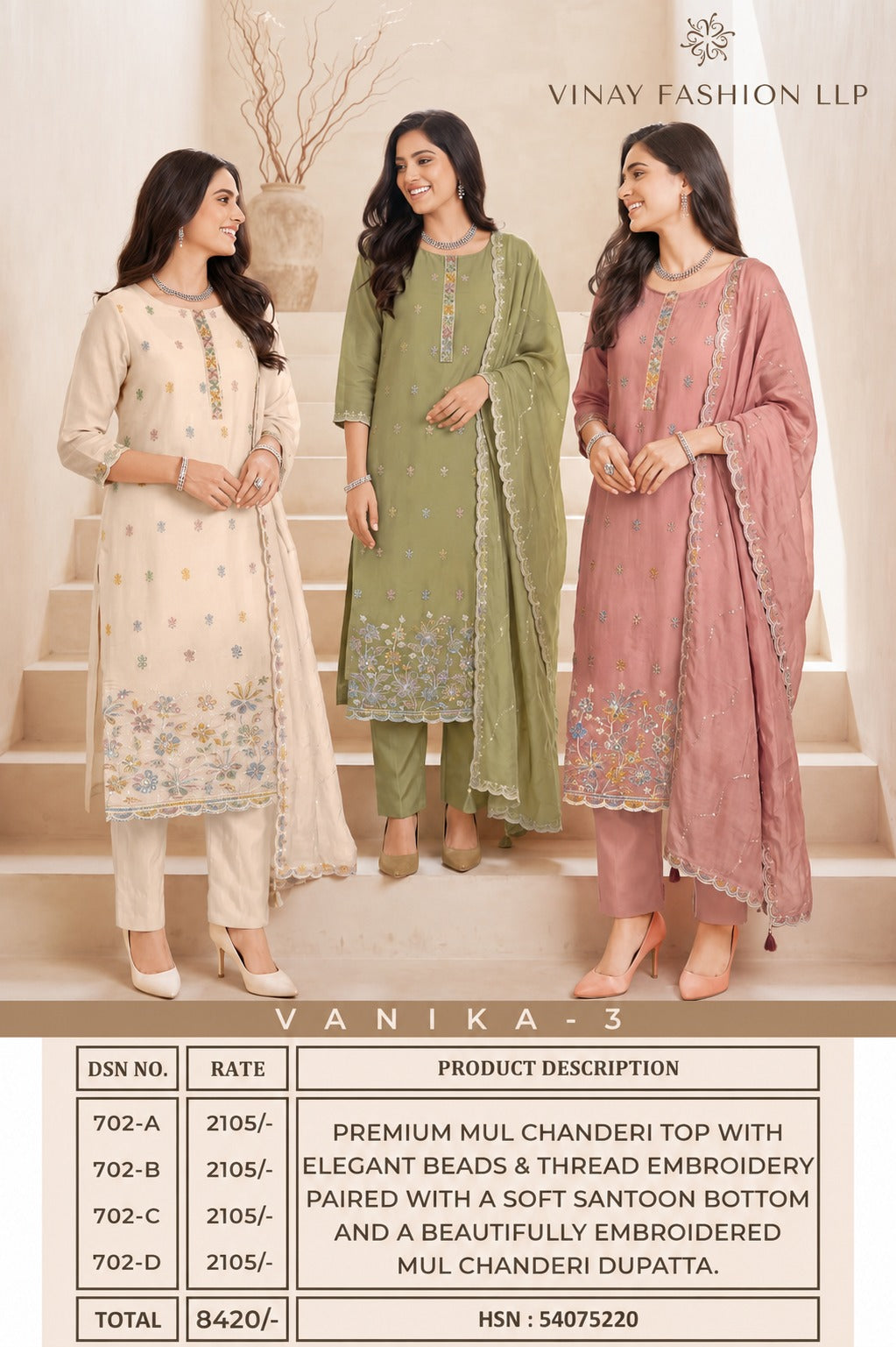 Vanika 3 Kuleesh Vinay Fashion Llp Mul Chanderi Pant Style Suits Wholesaler