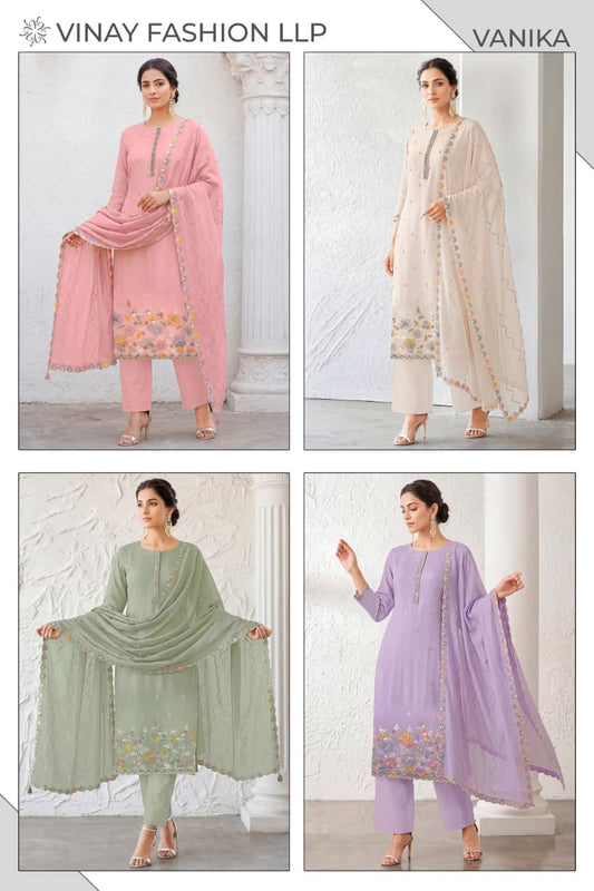Vanika Kuleesh Vinay Fashion Llp Mul Chanderi Pant Style Suits Wholesaler India