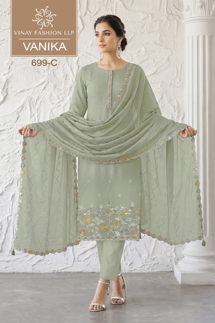 Vanika Kuleesh Vinay Fashion Llp Mul Chanderi Pant Style Suits Wholesaler India