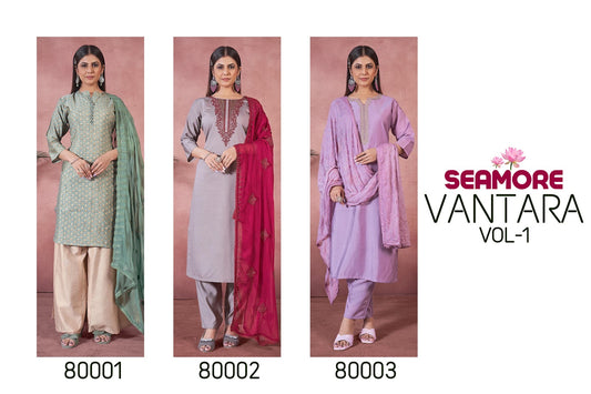 Vantara Vol 1 Seamore Art Silk Readymade Pant Style Suits Supplier