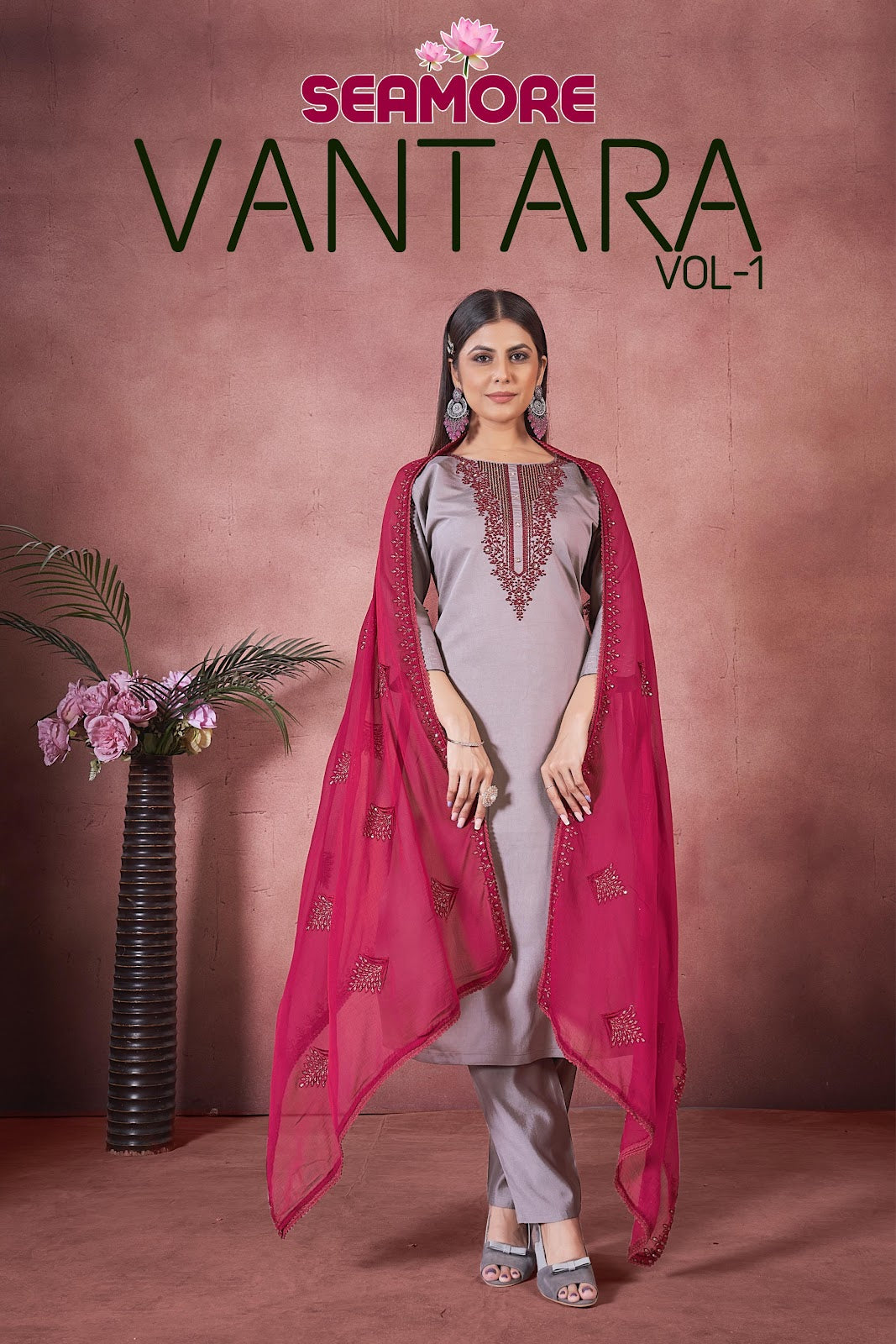 Vantara Vol 1 Seamore Art Silk Readymade Pant Style Suits Supplier