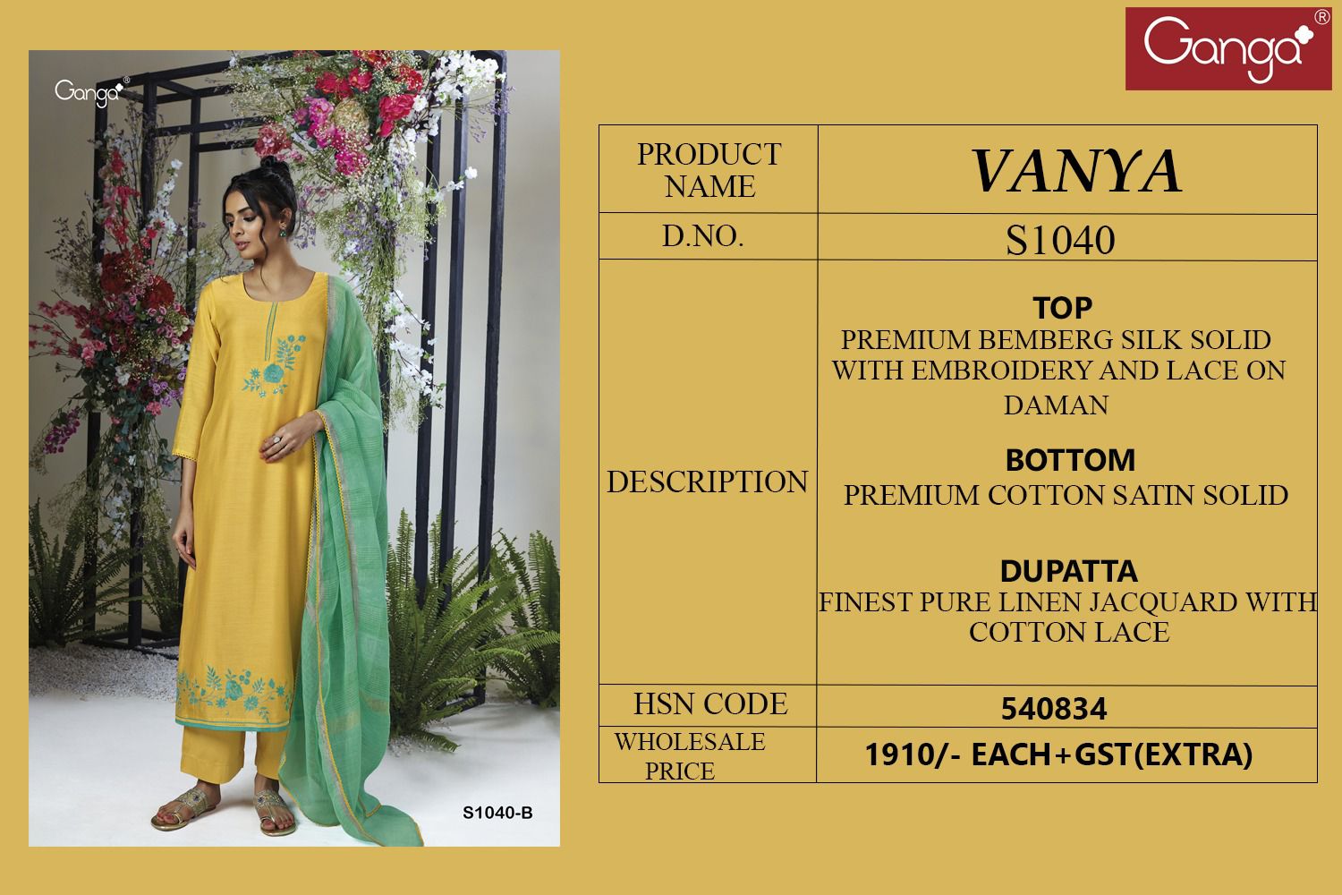 Vanya 1040-B Ganga Bemberg Silk Plazzo Style Suits Wholesale