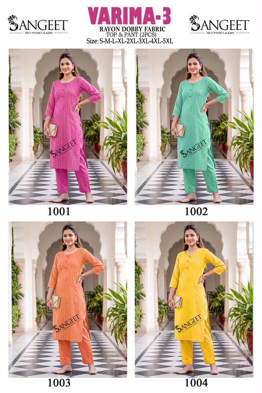 Varima 3 Sangeet Rayon Dobby Kurti Pant Set Wholesaler India