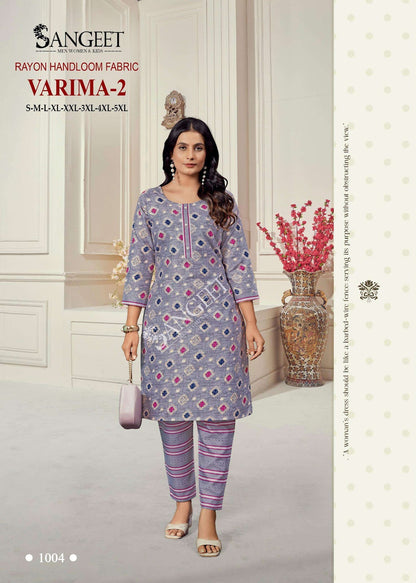 Varima Vol 2 Sangeet Rayon Kurti Pant Set Supplier Gujarat