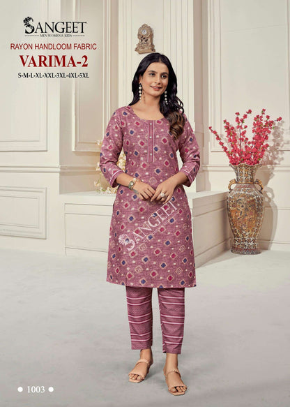 Varima Vol 2 Sangeet Rayon Kurti Pant Set Supplier Gujarat