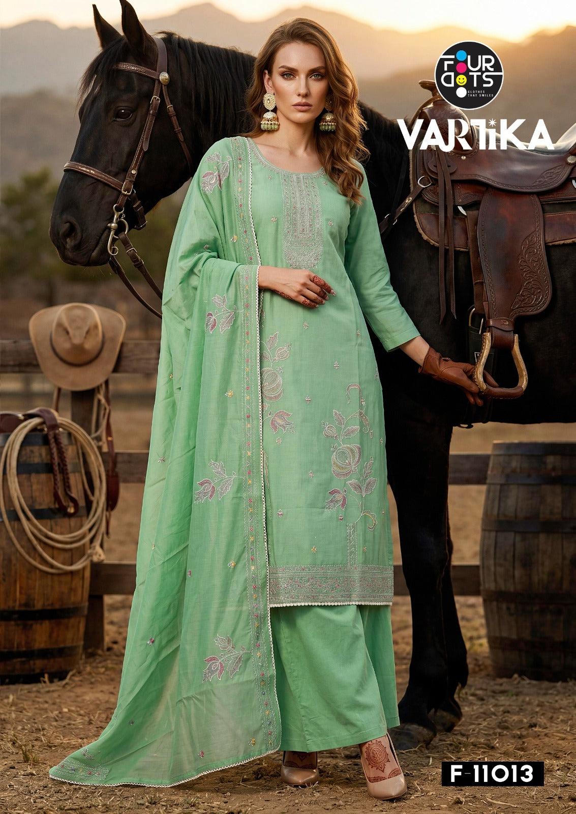 Vartika Four Dots Mal Chanderi Pant Style Suits Exporter India