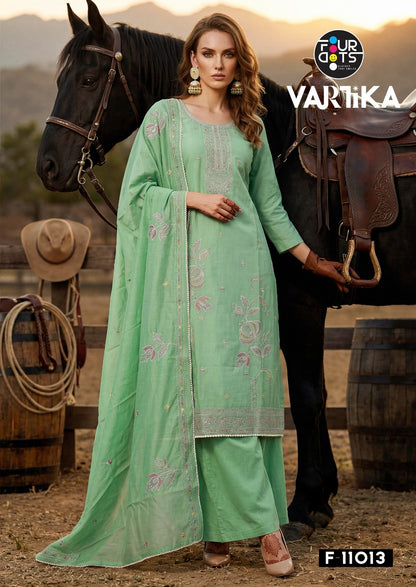 Vartika Four Dots Mal Chanderi Pant Style Suits Exporter India