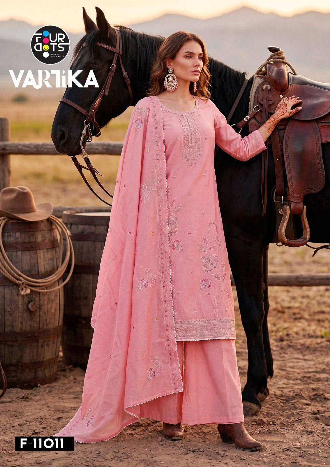 Vartika Four Dots Mal Chanderi Pant Style Suits Exporter India