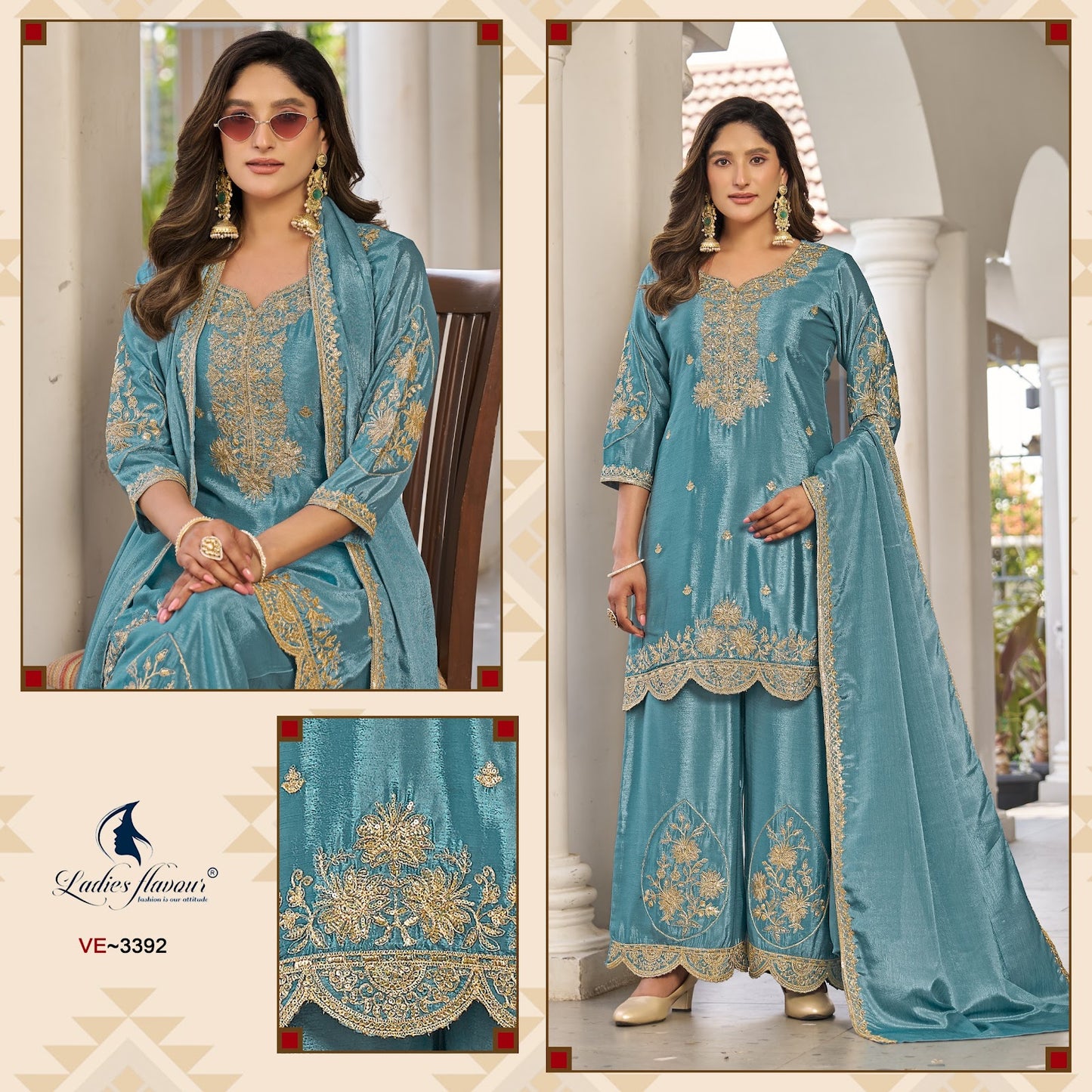 Ve 3392-3394 Ladyf Chinon Readymade Plazzo Style Suits Exporter Gujarat