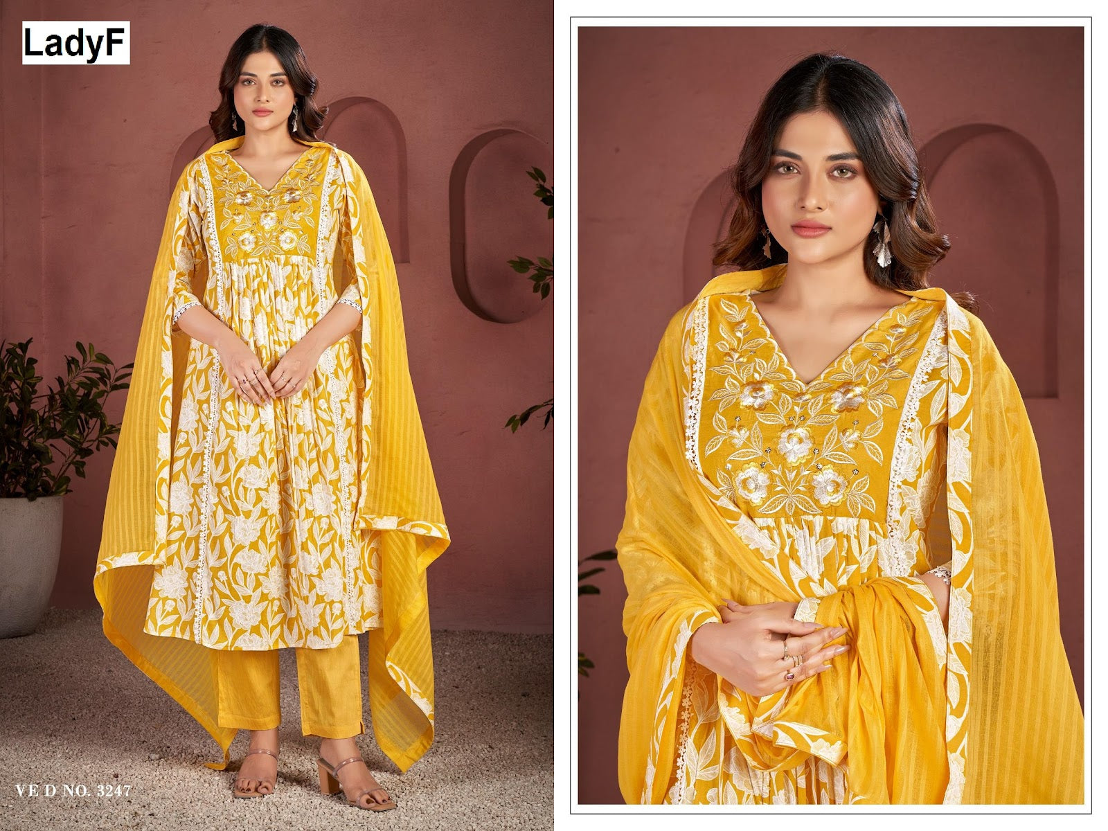 Ved No 3246-3247 Ladyf Cambric Cotton Readymade Anarkali Suits Wholesaler Ahmedabad