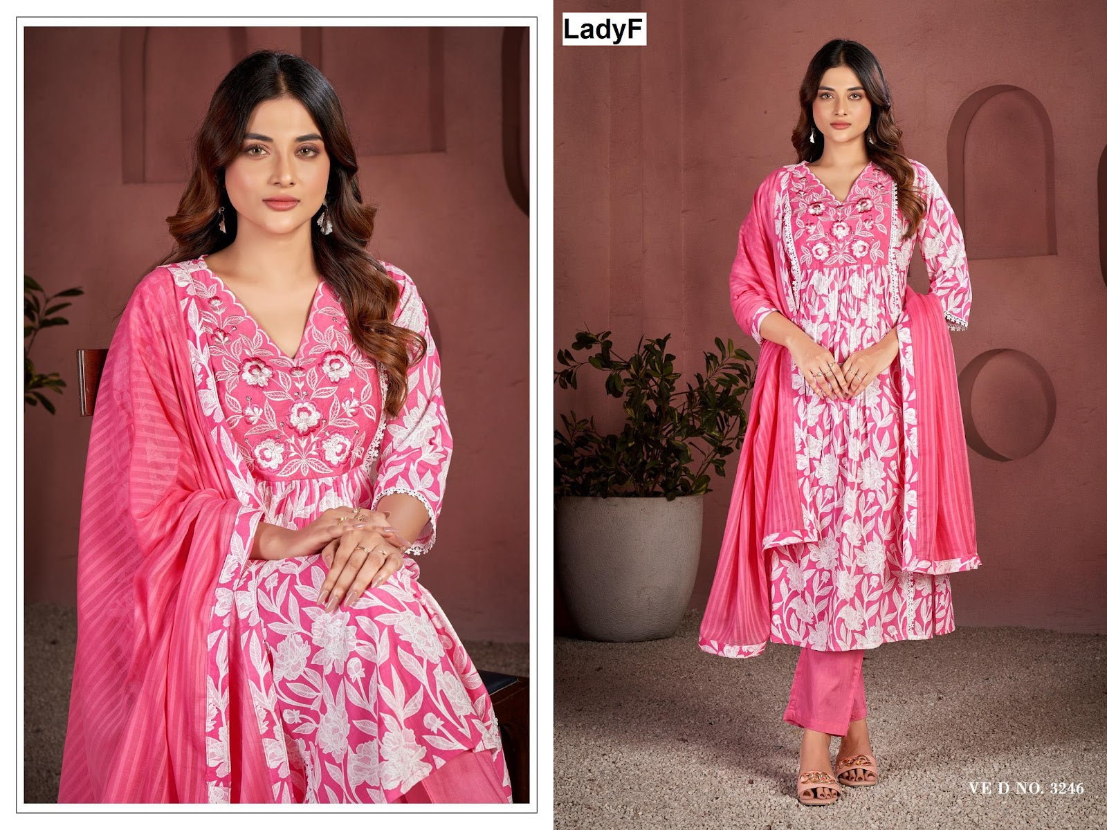 Ved No 3246-3247 Ladyf Cambric Cotton Readymade Anarkali Suits Wholesaler Ahmedabad