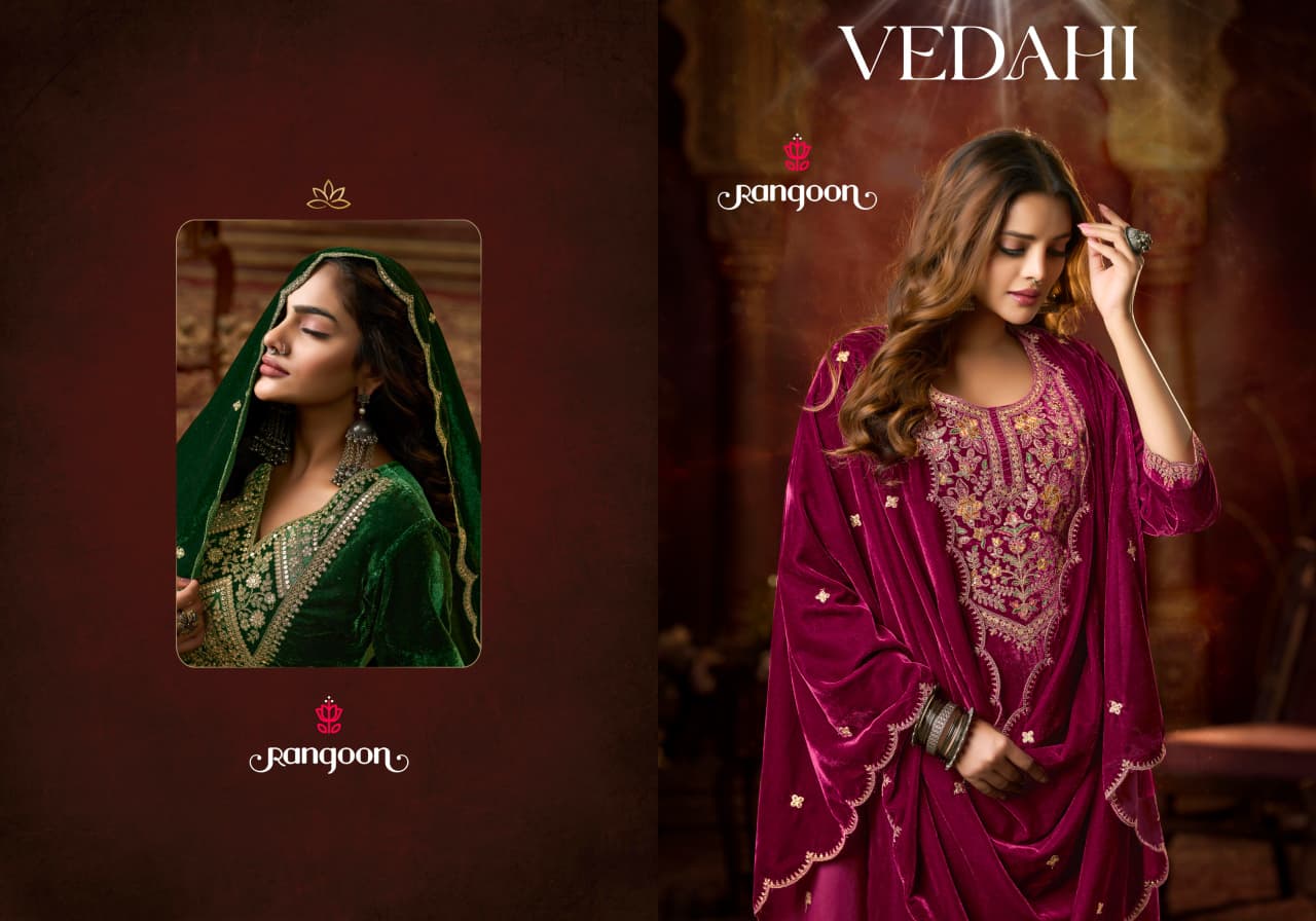 Vedahi Rangoon Viscose Readymade Velvet Suits Wholesale Price