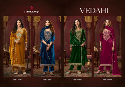 Vedahi Rangoon Viscose Readymade Velvet Suits Wholesale Price