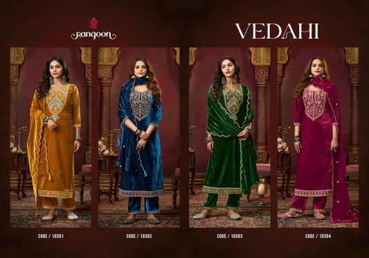 Vedahi Rangoon Viscose Readymade Velvet Suits Wholesale Price