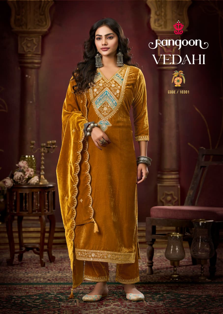 Vedahi Rangoon Viscose Readymade Velvet Suits Wholesale Price