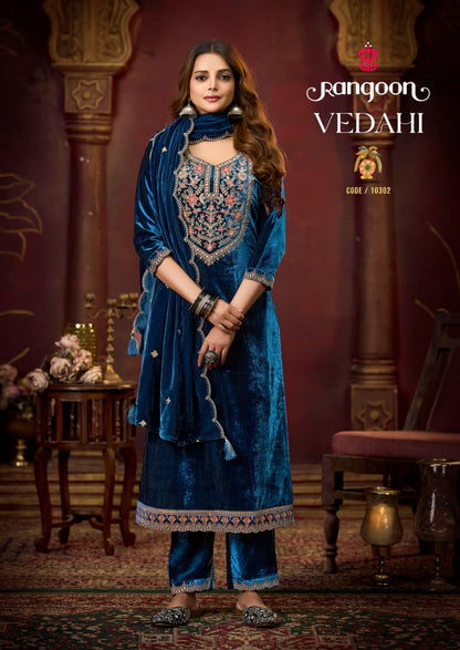 Vedahi Rangoon Viscose Readymade Velvet Suits Wholesale Price