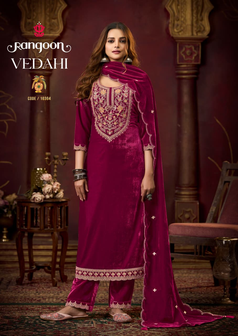 Vedahi Rangoon Viscose Readymade Velvet Suits Wholesale Price