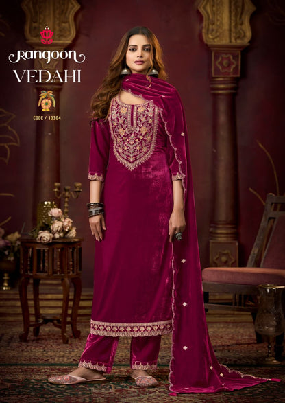 Vedahi Rangoon Viscose Readymade Velvet Suits Wholesale Price