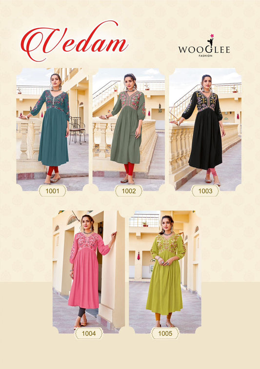 Vedam Wooglee Heavy Rayon Naira Cut Kurtis Wholesale Price
