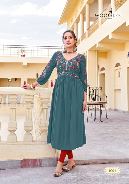 Vedam Wooglee Heavy Rayon Naira Cut Kurtis Wholesale Price