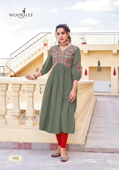 Vedam Wooglee Heavy Rayon Naira Cut Kurtis Wholesale Price