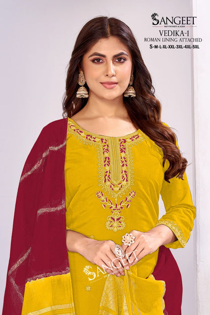 Vedika 1 Sangeet Roman Silk Readymade Pant Style Suits Supplier Ahmedabad