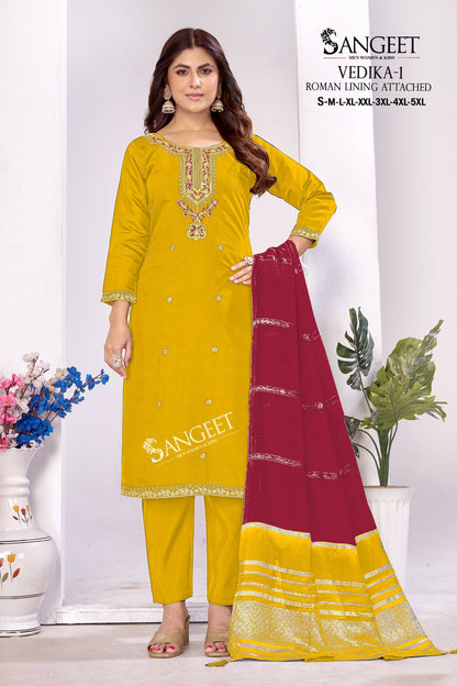 Vedika 1 Sangeet Roman Silk Readymade Pant Style Suits Supplier Ahmedabad