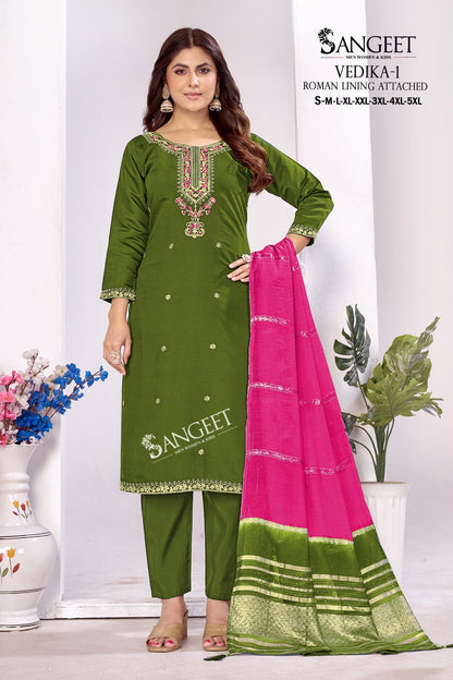 Vedika 1 Sangeet Roman Silk Readymade Pant Style Suits Supplier Ahmedabad